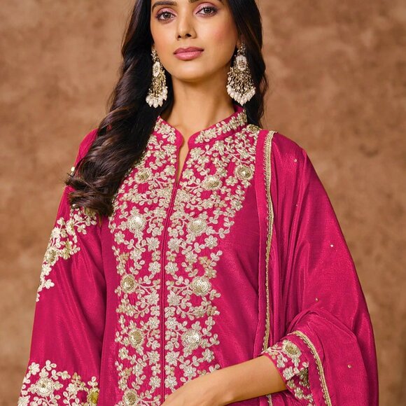 Pink Chinnon Silk Festive Embroidered Palazzo Style Suit - Picture 3 of 4